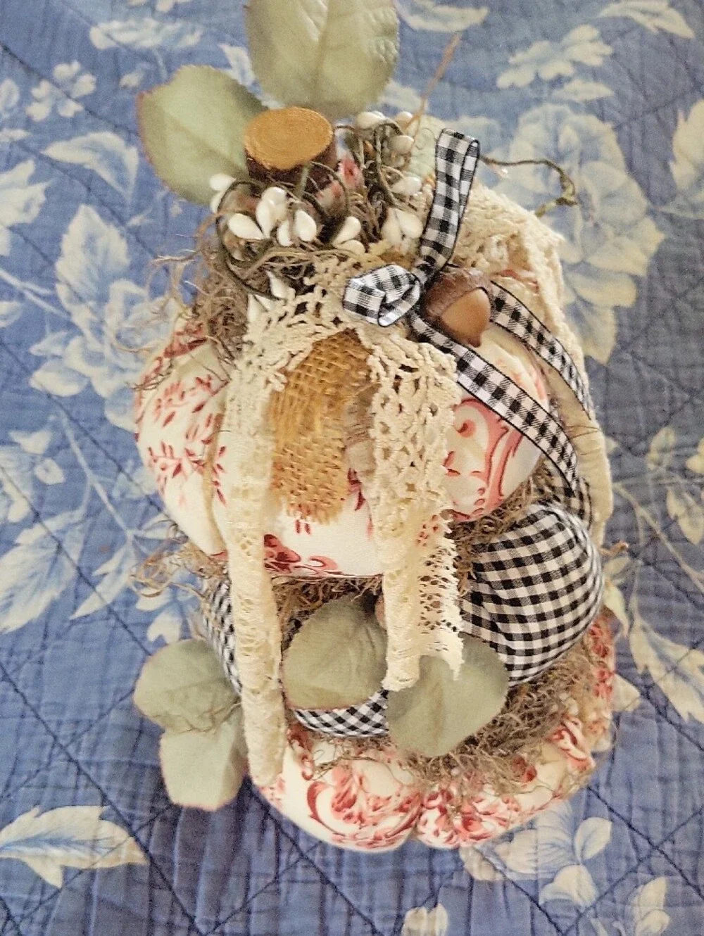 Handmade Rustic Fabric Stacked Pumpkin Fall Decor Gingham Floral Lace